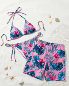 Matching Couple Swimwear Pink Flamingo, His and Hers Summer Outfits, Tropical Bikini and Men's Swim Trunks Set, Hawaiian Honeymoon Beachwear