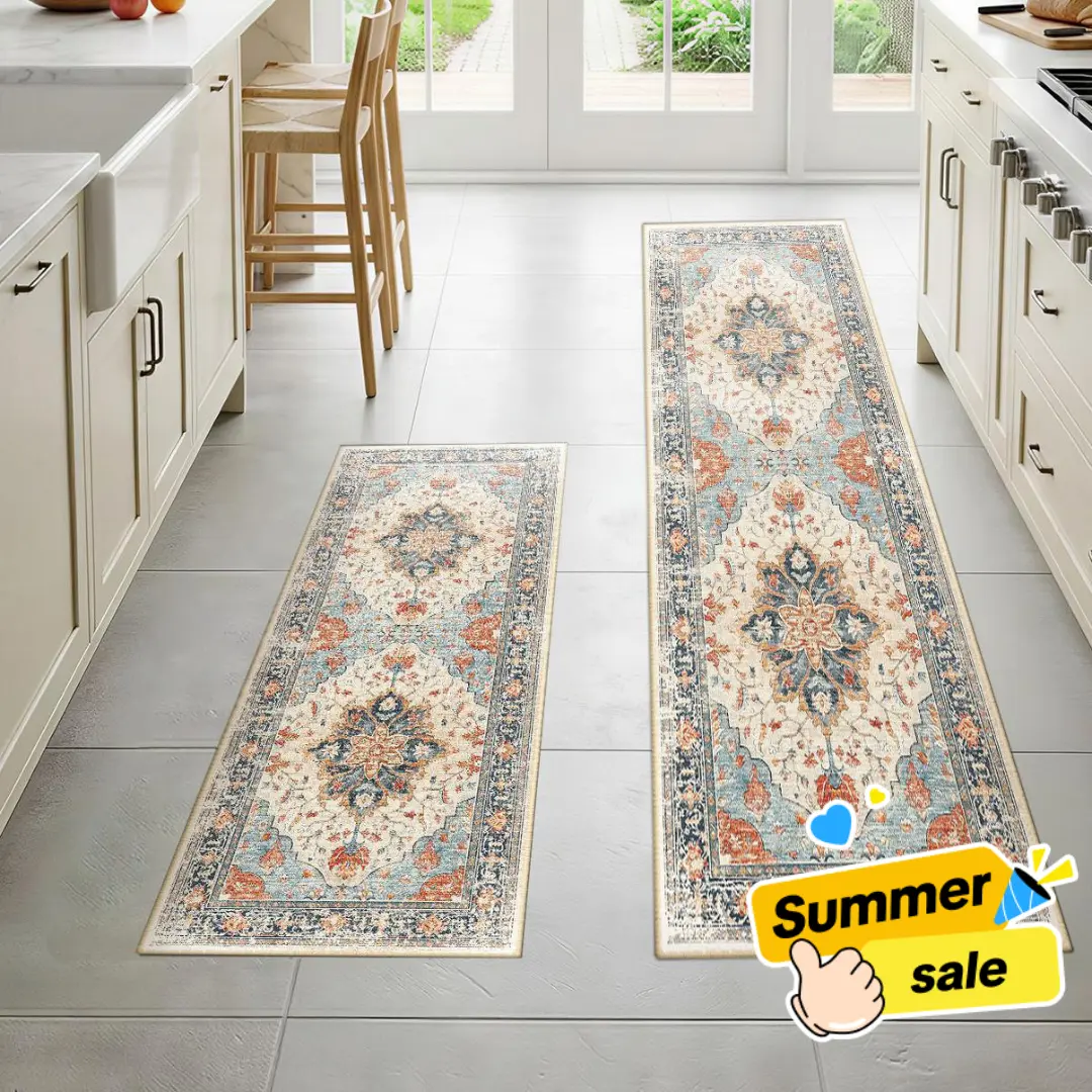 【Back to School】BESTSWEETIE 2pcs Non-Slip Washable Kitchen Runner Rugs, Geometric Boho Farmhouse Rugs, Running-Friendly Mats for Kitchen, Living Room,summerwins