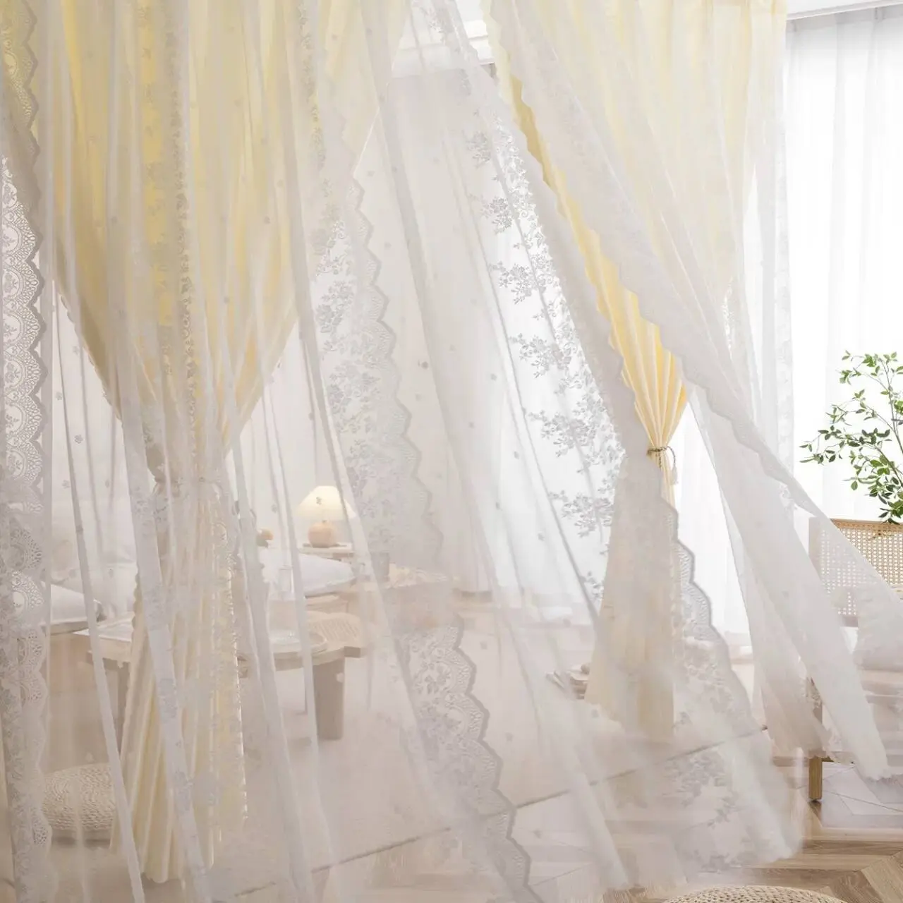 1pc New Arrival Silk Look Curtain Headboard, Double Layered Drapes for Living Room, Princess Style Half Light Blocking Ready Made Curtains, Home Decorative Curtain