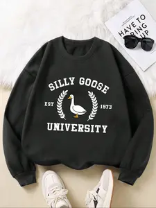 Silly Goose Graphic Pullover Knit Sweater, Soft Comfortable Loose-Fit Casual Sweatshirt, Fashion Sporty Style for Fall & Winter Seasons