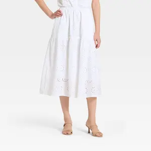 Women's Tiered Eyelet Midi Skirt - A New Day White S