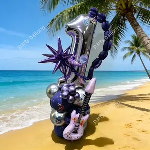 28-Piece Silver Rock Music Birthday Balloon Set, Includes 32-Inch Silver Number, Guitar & Explosion Star Balloons, Party Decorations