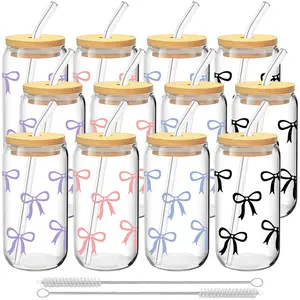 6/12 Pack Bow Pattern Glass Cups with Lids and Straws, 16oz Reusable Iced Coffee Cups, Glass Tumblers, Clear Water Bottle