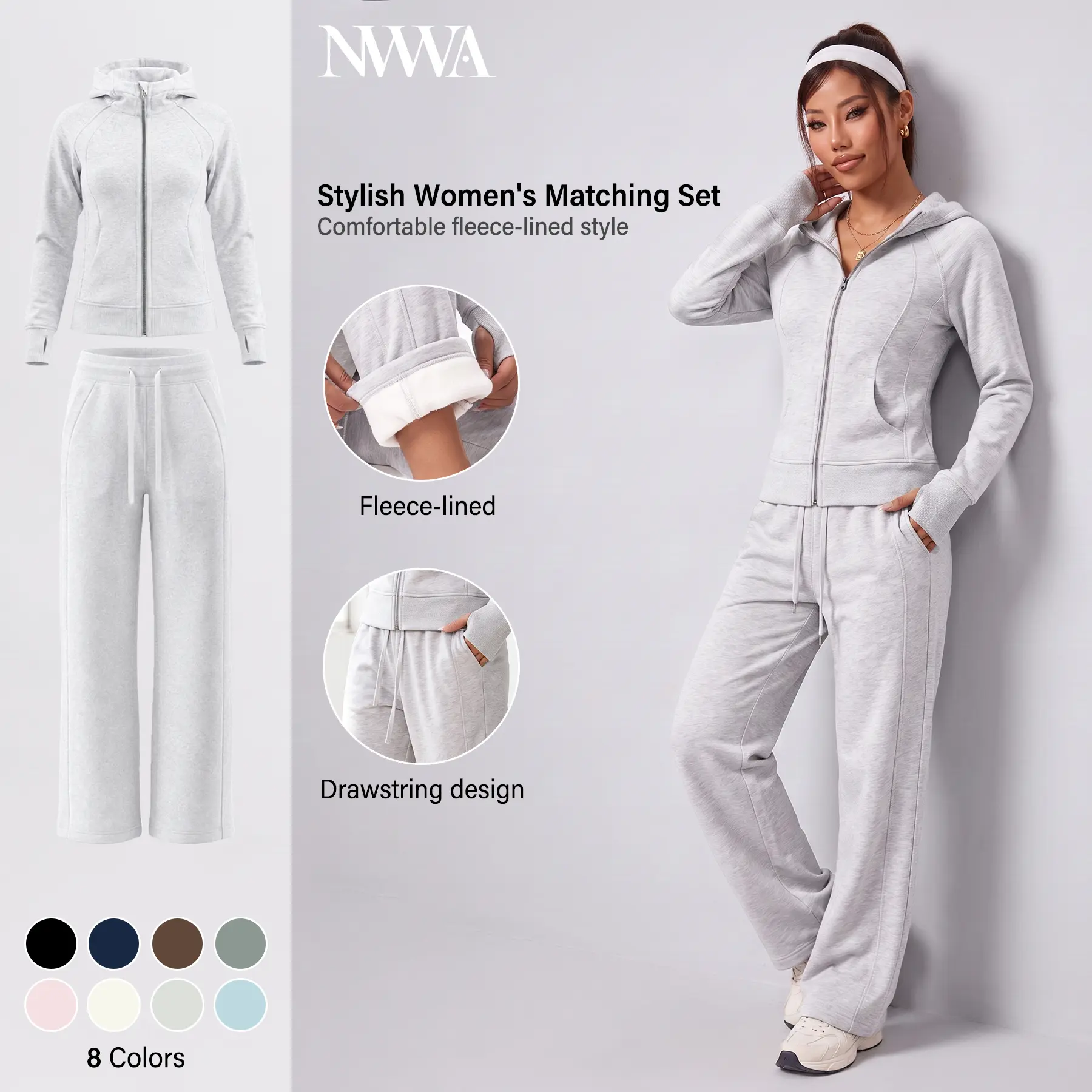 NVWA Women's Fleece Zip Up Hoodie or Wide Leg Sweatpants, Sold Individually, Woman 2 Piece Set Style, Thick Warm Athletic Loungewear, Cozy Fall Winter Outfits