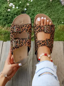 2026 Summer New Leopard Print Sandals, PU Leather Slides for Women, Double Buckle, Cork Sole, Non-Slip, Open-Toe Slipper, Footwear