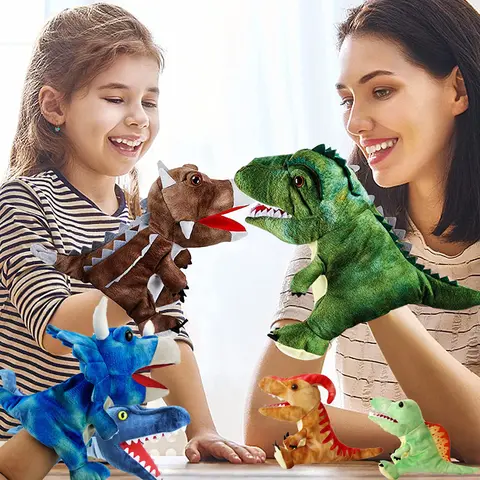 DDEMSMOE Plush Dinosaur Hand Puppets - 11.8in Age-Suitable Stuffed Kids Toys with Open Movable Mouth, Creative Play Storytelling Little Boy Birthday Gifts