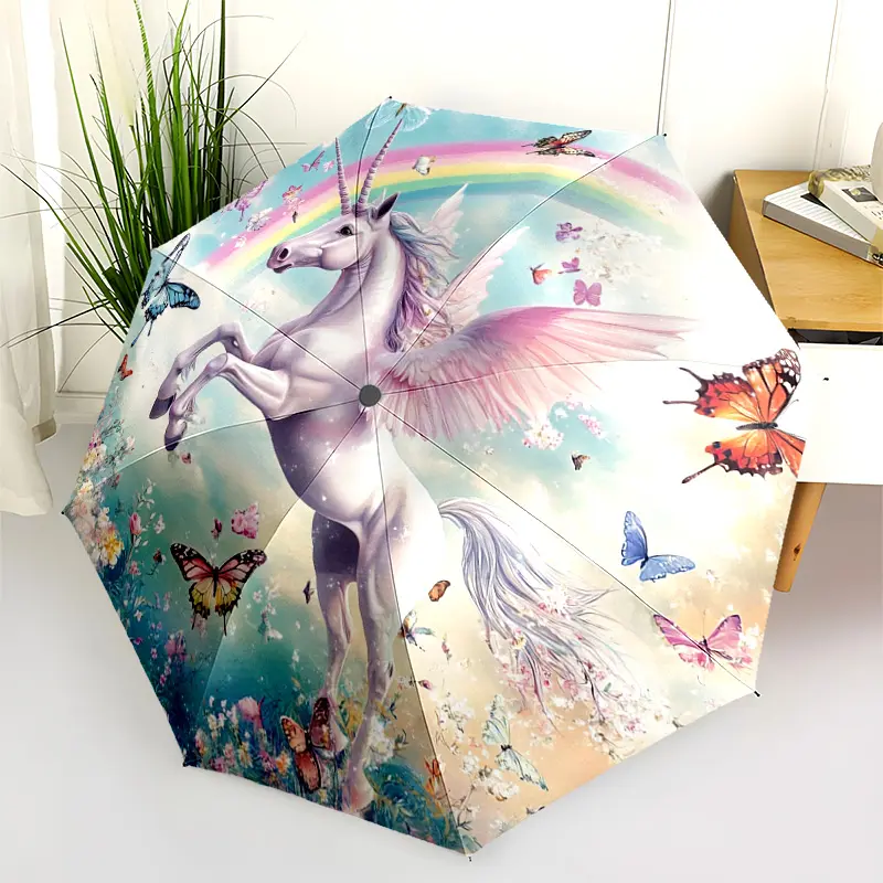 1 PC Automatic Folding Umbrella - Unicorn Rainbow Butterflies Fantasy Art Pattern, Portable & Foldable Design with 8 Ribs, Merry Christmas Pattern,Casual Outdoor Accessory Halloween and Christmas Birthday Gifts. F00157