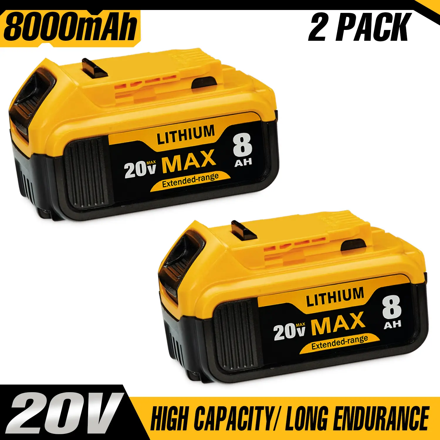 Fathersdaygift 2Pack 8.0Ah Lithium Replacement for Dewalt 20V Battery Max XR Cordless Tools DCB180 DCB205 DCB206 DCB206-2 DCB200 DCB204 DCB204BT-2 DCB203 DCB201 DCB207 terminal wire dewatlt powertools construction durable