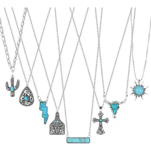 Jstyle 8 Pcs Western Turquoise Necklaces for Women Men Adjustable 46cm + 5cm Alloy Retro Silver Plated Cactus Sun Bull Head Cowgirl Cowboy Pendant Jewelry