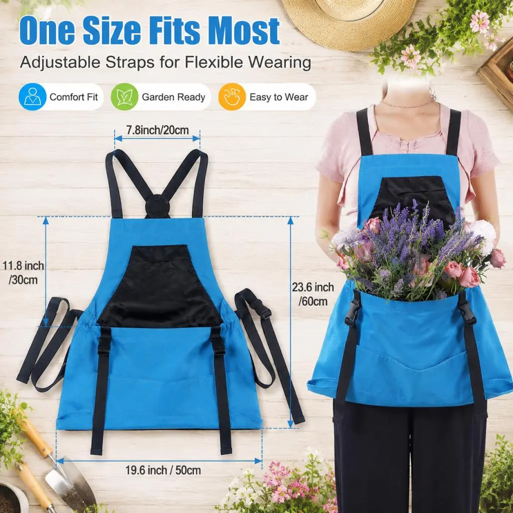 Adjustable Garden Harvest Apron with Large Open-Bottom Pocket, Waterproof Gardening Apron for Fruits, Veggies & Flowers