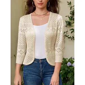 Women'S 3/4 Sleeve Crochet Buttonless Cardigan Cropped Cape Bolero Lightweight Sweater Top
