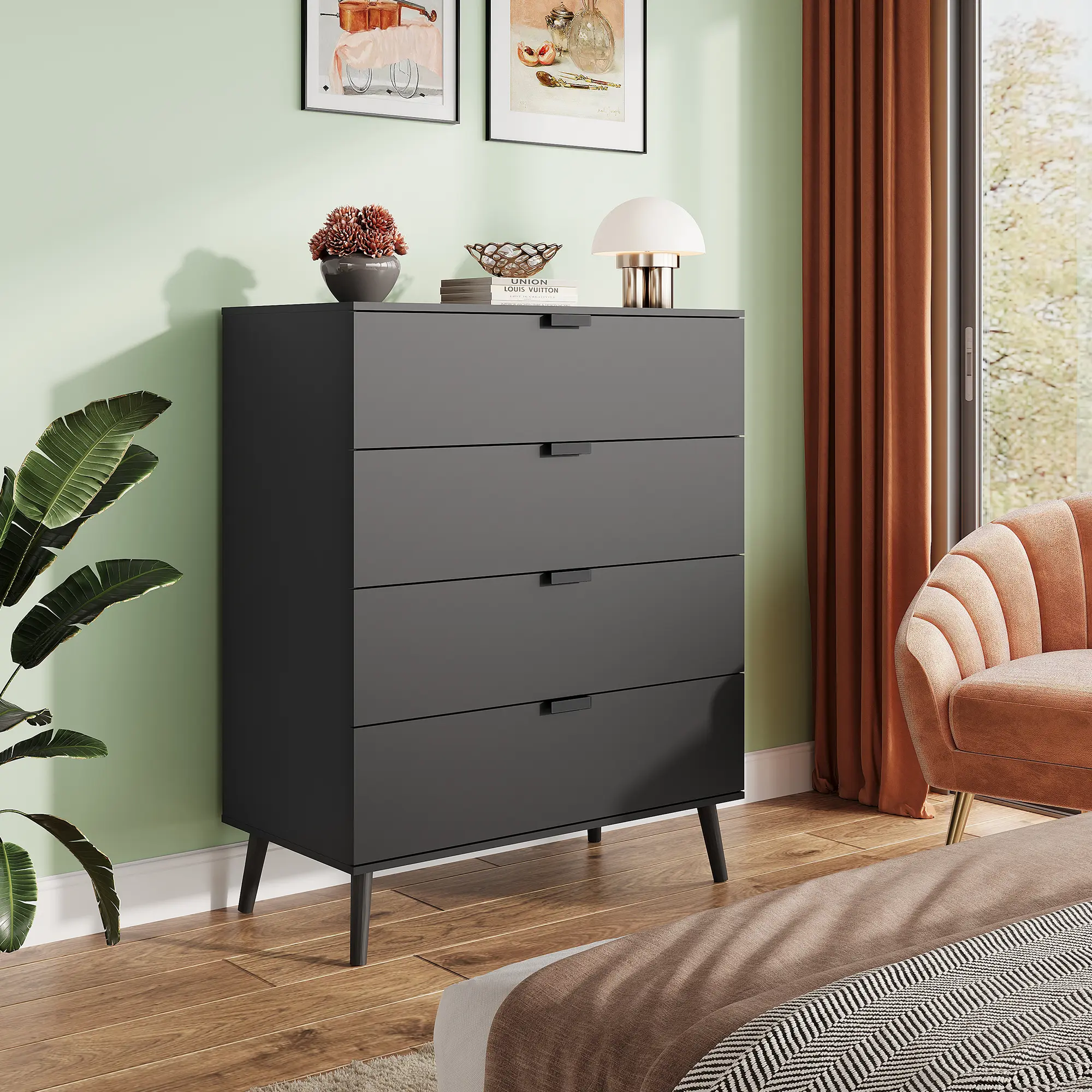 WLIVE 4 Drawer Dresser for Bedroom, Wooden Tall Dresser, Modern Dressers with Sturdy Metal Handle, Small Chest of Drawers for Living Room, Hallway