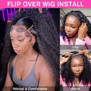 [3 IN 1 Half Wig] Deep Wave Seamless Flip Over Half Wig Human Hair Kinky Curly Invisible Hairline Glueless Beginner Friendly Curly Wigs for Women With Drawstring