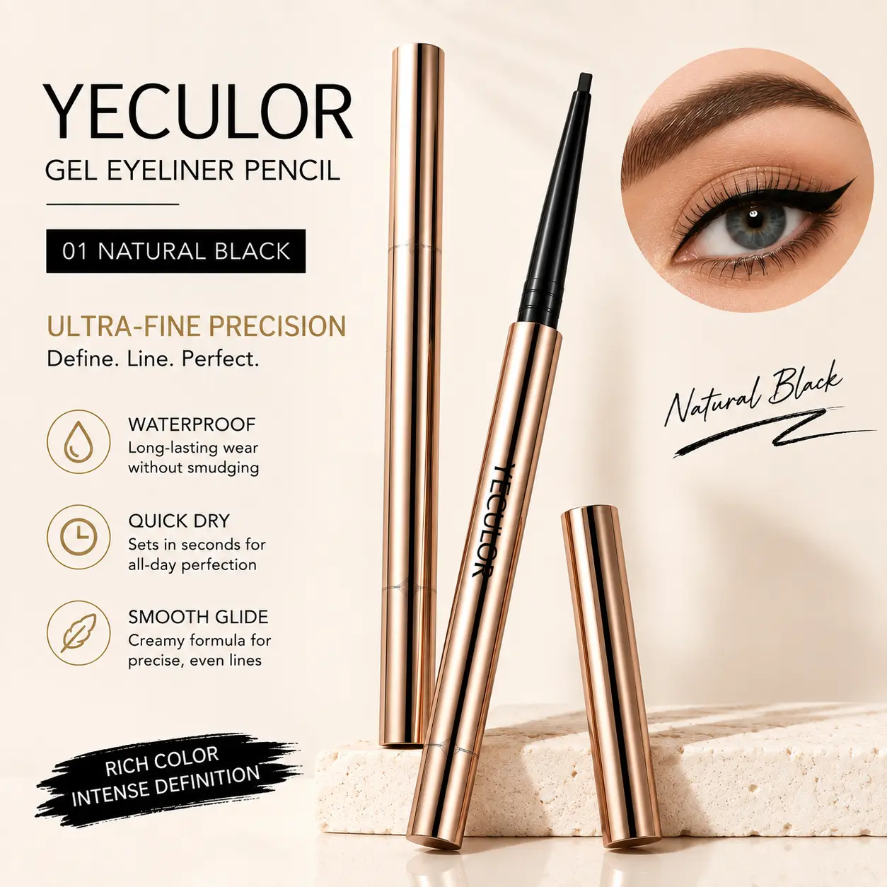 YECULOR Gel Eyeliner Pencil, Waterproof Smudge Proof Long Lasting Black Eyeliner, Ultra Fine Precision Tip, Smooth Glide Quick Dry, 01 Natural Black, Waterline Winged Eye Makeup