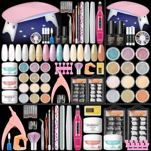 Acrylic Nail Kit for Beginners with Drill U V light, 3pc Acrylic Powder Clear/ Pink /White Set 12Pcs Glitter Powder 200Pcs Fake Tips Nail Starter Kit for Extensions DIY
