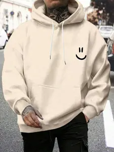 Men's Cartoon Smile Face Print Drop Shoulder Long Sleeve Pullover Hoodie, Fashion Casual Regular Fit Drawstring Pocket Hooded Sweatshirt for Daily Holiday Outdoor Wear, Men Clothes for Spring & Fall