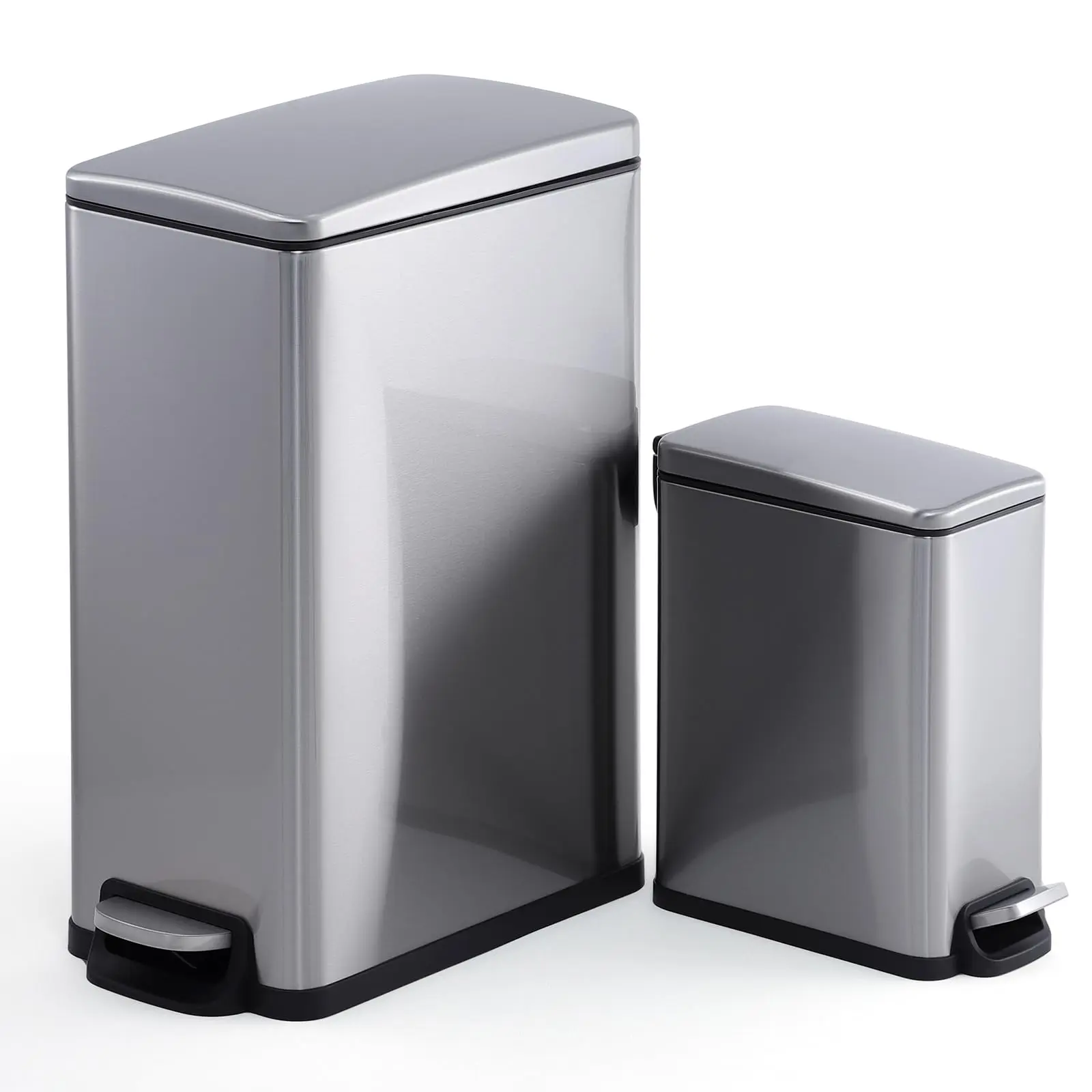 High-Quality Stainless Steel Trash Can Combo Set – 12 Gallon & 2.6 Gallon Slim Step-On Indoor Garbage Bins – Soft-Close Lid, Removable Inner Bucket, Rear Handle – Ideal for Kitchen, Bathroom, Office – 45L+10L Combination Pack