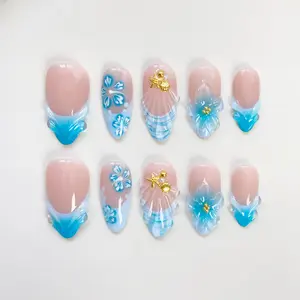 Blue Ocean-Themed Press On Nails – Handmade Summer Beach Nail Set – Reusable Floral & Seashell Design