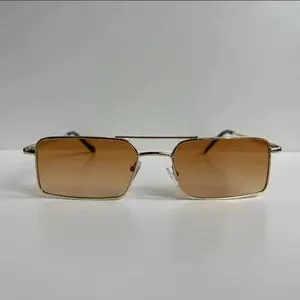 Vintage Y2K 90s 2000s Unique Slim Gold Trim Square Sunglasses with Brown Lenses for Stylish Look Retro Fashion Blue Light Blocking Glasses for Screens punk  sunglasses