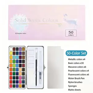 COLORARTS Solid Water Color 50 Vibrant Color Painting Set with Mica Powder Pigments Complete Art Supplies in Metal Case Ideal Christmas Gift for Beginners and Professional Artists