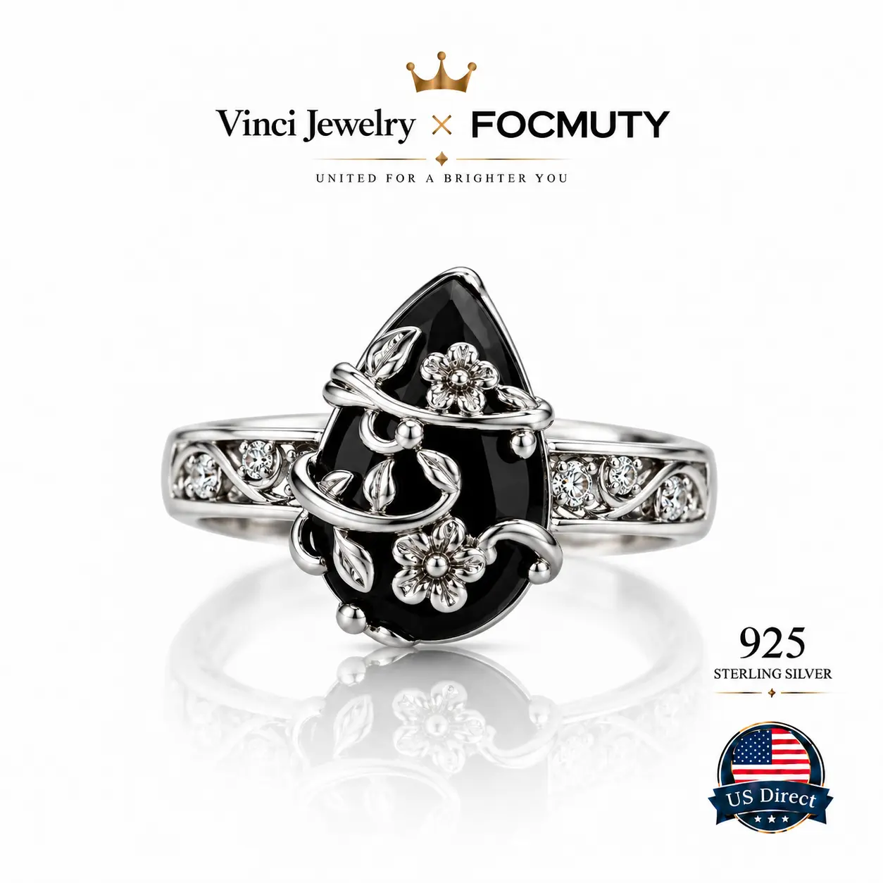 FOCMUTY 925 Sterling Silver Vintage Flower Design Lab-Grown Obsidian & Black Diamond Energy Crystal Ring for Women, Halloween Gift with Gift Box (Daily Wear, Birthday Party Use)
