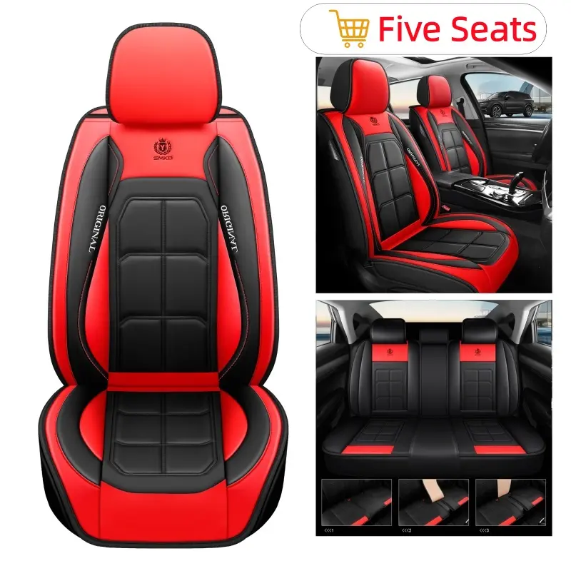 Premium PU Leather Car Seat Set - Red & Black Five Seats Universal Fit for Cars SUVs and Trucks Automotive Upholstery Car Cushion Car Cushion Automotive Upholstery, Car Accessories, Accessories For Car