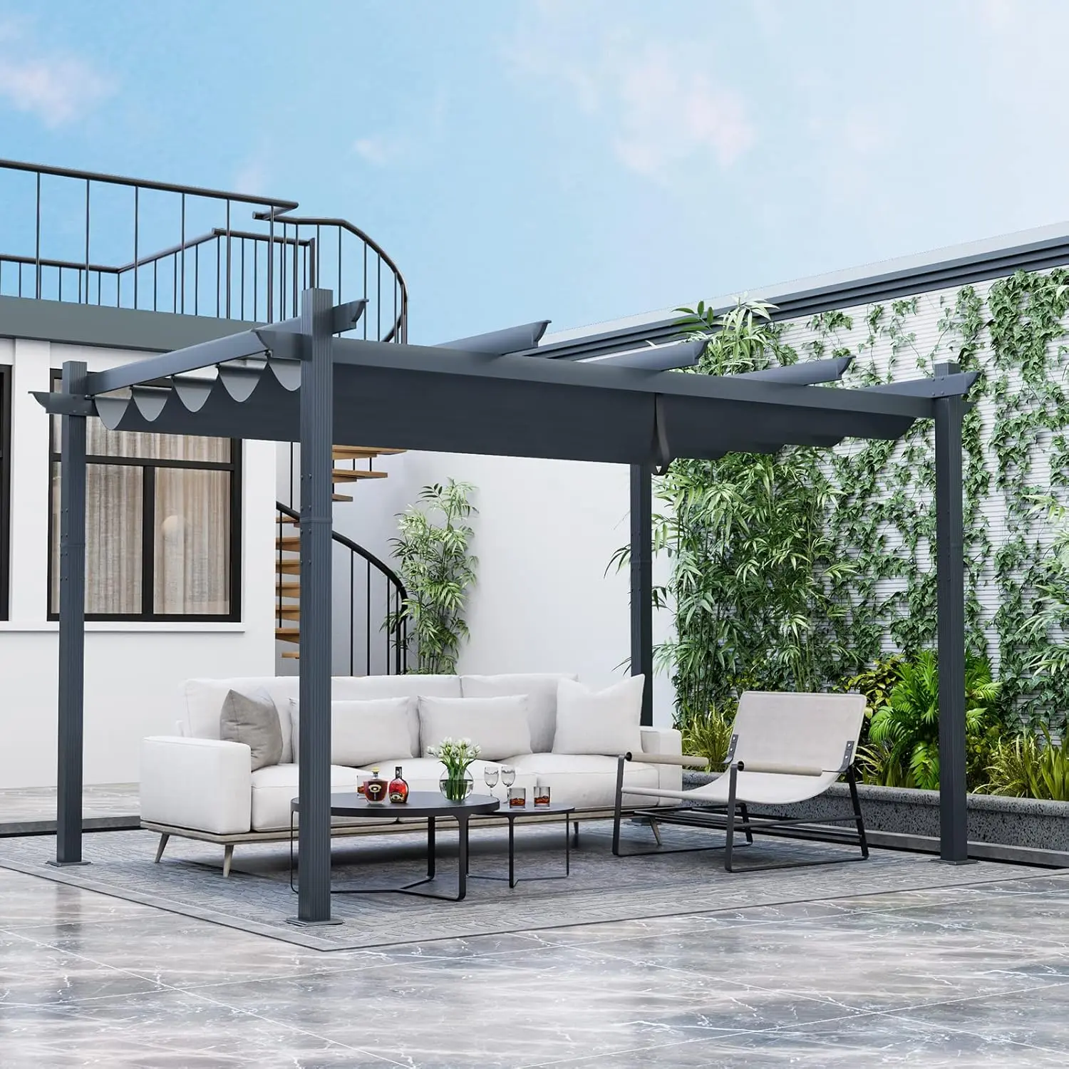Vallmore 13'x10'x8' Freestanding Aluminum Pergola, Retractable Yarn-Dyed Canopy with Rope Pulley Lock, Trellis Design for Climbing Plants, Pre-Drilled Base Feet for Deck, Patio, Garden