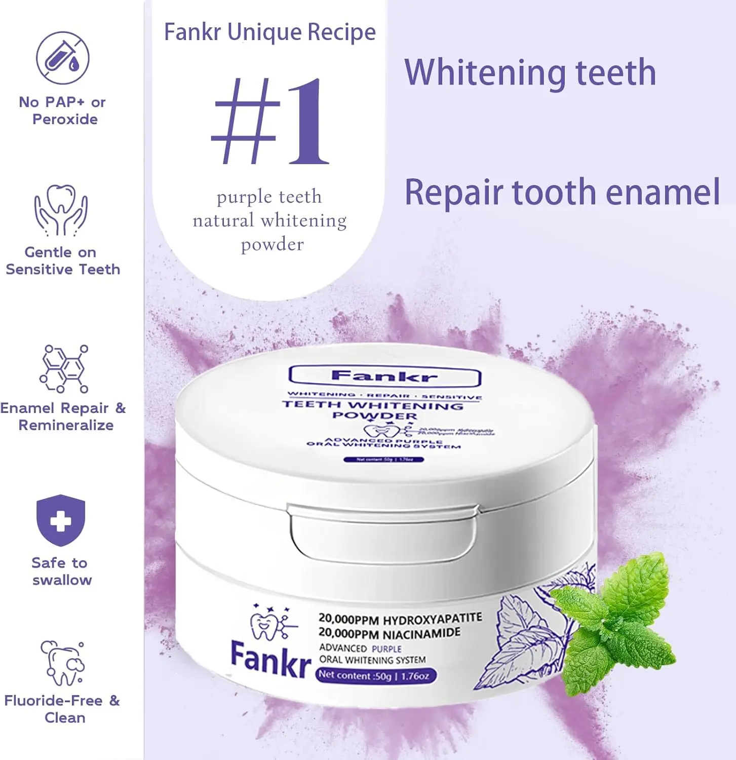 Advanced Remineralizing Hydroxyapatite Tooth Powder - Purple Teeth Whitening, 20,000ppm Niacinamide, Deep Clean Stain Remover, Enamel Protection Oral Care for Daily Use