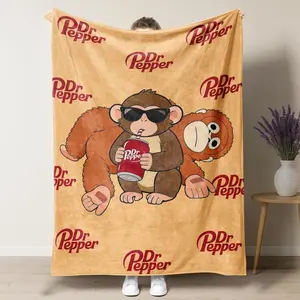 Dr Pepper with Punch Monkey Themed Throw Blanket,Punch Monkey & Repeating Logo Print,Soft Flannel Blanket for Soda Lovers and Emotional Support Animal Lover Gift