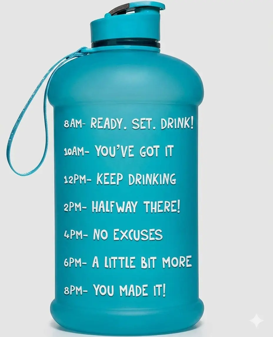 NatureWorks 64 oz Hydromate Half-Gal Reusable Water Bottle, BPA-Free, Leak-Proof Jug with Time Markings and Handle