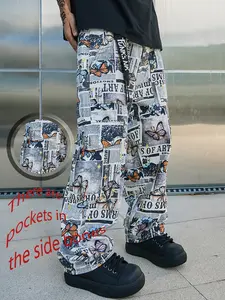 Men's Streetwear Butterfly Newspaper Print Loose Casual Multi Pocket Jeans, Y2K Fashion Long Pants, Casual Denim Trousers, Trendy Street Style