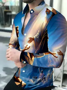 Men's Breathable Lapel Long Sleeve Cardigan Divine Light Religious Print