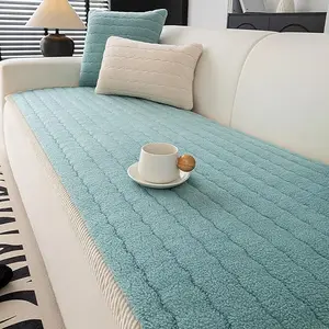Soft Plush Striped Sofa Cover Thick Quilted Anti-Slip Protection Pad for Living Room & Bedroom Pet Friendly Sherpa Material Non-Slip Silicone Dots Machine Washable