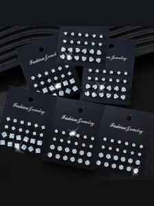 Heart Shaped Zircon Ear Stud Set, Round and Square Designs for Boys & Girls, Daily Wear & Party Accessories, Stud Earring Jewelry, Heart Shaped Earrings, Artificial Zircon Earrings