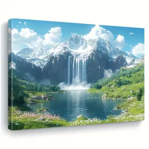 Framed Canvas Wall Art - Snow-Capped Mountain Waterfall & Tranquil Lake Landscape Painting with Wooden Frame, Horizontal Ink on Canvas Nature Scene for Living Room, Bedroom, Office - Ready-to-Hang Home Decor Gift (Winter/Spring Decoration), Lake Them