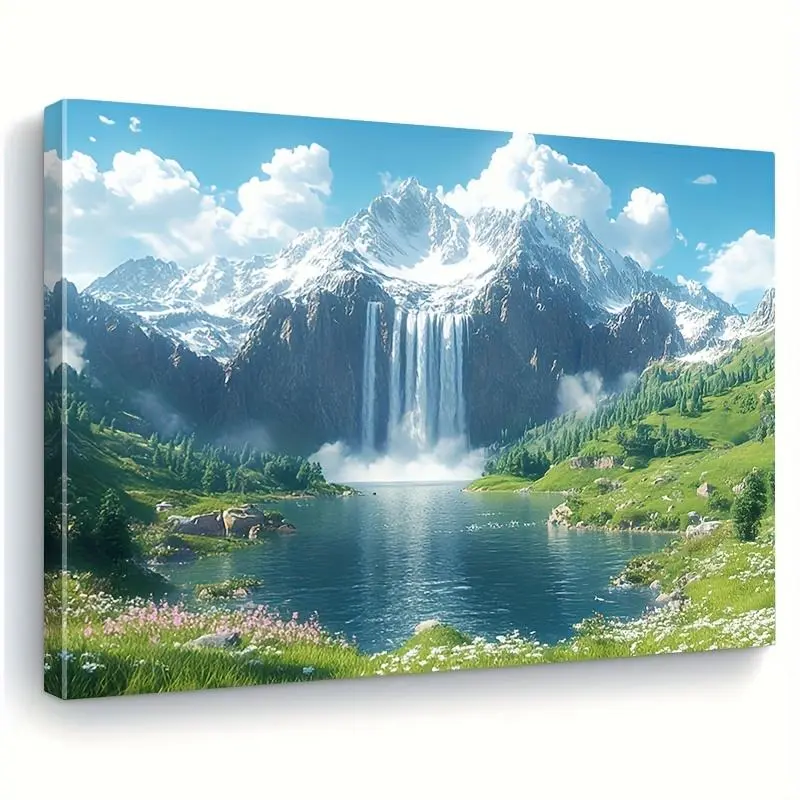 Framed Canvas Wall Art - Decorative Frame-Style Landscape View of Snow-Capped Mountain Waterfall & Tranquil Lake, Horizontal Ink on Canvas Hangable Indoor Home Decor for Living Room, Bedroom (Winter/Spring Gift)