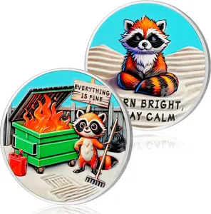 Raccoon Dumpster Fire Coin, Stay Calm Dumpster Fire Challenge Coin, Novelty Pocket Tokens for Emotional Support, Inspirational Office Gifts for Men Women
