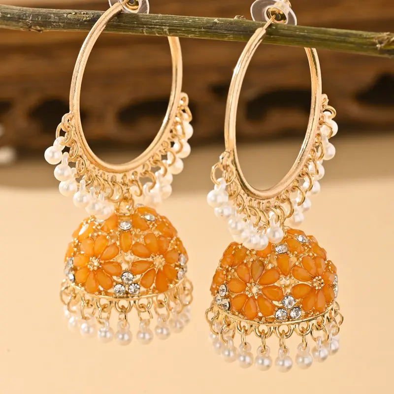 Women's Vintage Style Hoop Earrings with Faux Pearl Dangle, Zinc Alloy Jewelry, Unique Design Earrings, Traditional Pakistani Jhumka, Ideal Gift Choice, Dangling Earrings, Hoop Shape Earrings, Hoops Shape Earrings, Jewelry Accessories