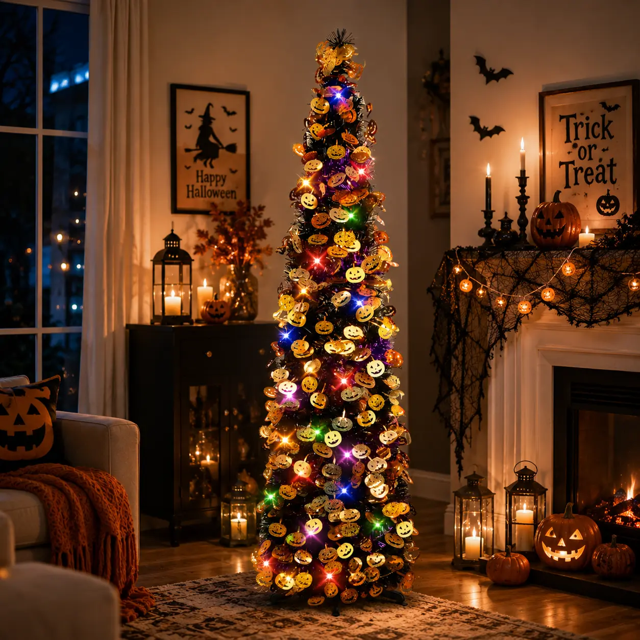 5FT Popup Tinsel Pencil Tree with Pencil Frame, Lightweight Collapsible Decor with Sparkling Pumpkins (Adds Spooky Sparkle), Easy Install with Support Base, Black-Purple Option for Indoor Outdoor Holiday Display (5ft Room Impact)