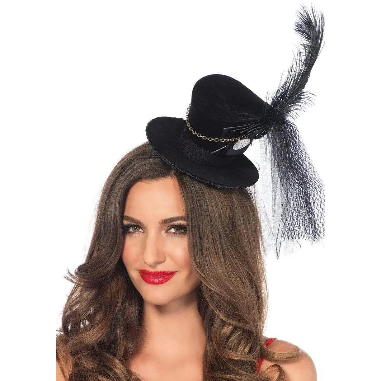 Female Retro Steampunk Whimsical Synthetic Velvet Clip-On Mini Top Hat - 1 Size, Feather, Chain, Lacy Accents, Adult Halloween Costume Accessory