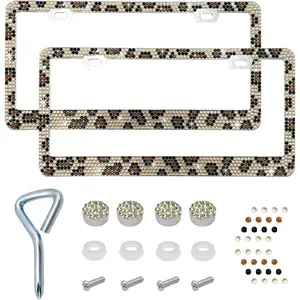 Bling License Plate Frame, Sparkly License Plate Tag Cover with Multifaceted Rhinestones, Stainless Steel Crystal License Plate Holder, Universal Exterior Car Accessories (Leopard Print, 2PCS)