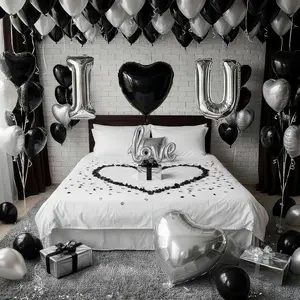 I Love You Balloons for Him/Her Balloons Black and silver romantic balloon kit with heart LOVE mylar balloons Black rose petals for hotel Dec orations Valentines Party wedding anniversary supplies