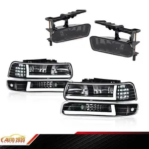 Fit For 99-06 Silverado/Suburban Clear/Black LED Tube DRL Headlight & Fog Lights