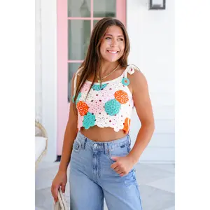 POL Floral Crochet Sleeveless Crop Sweater Top with Pearl Detail