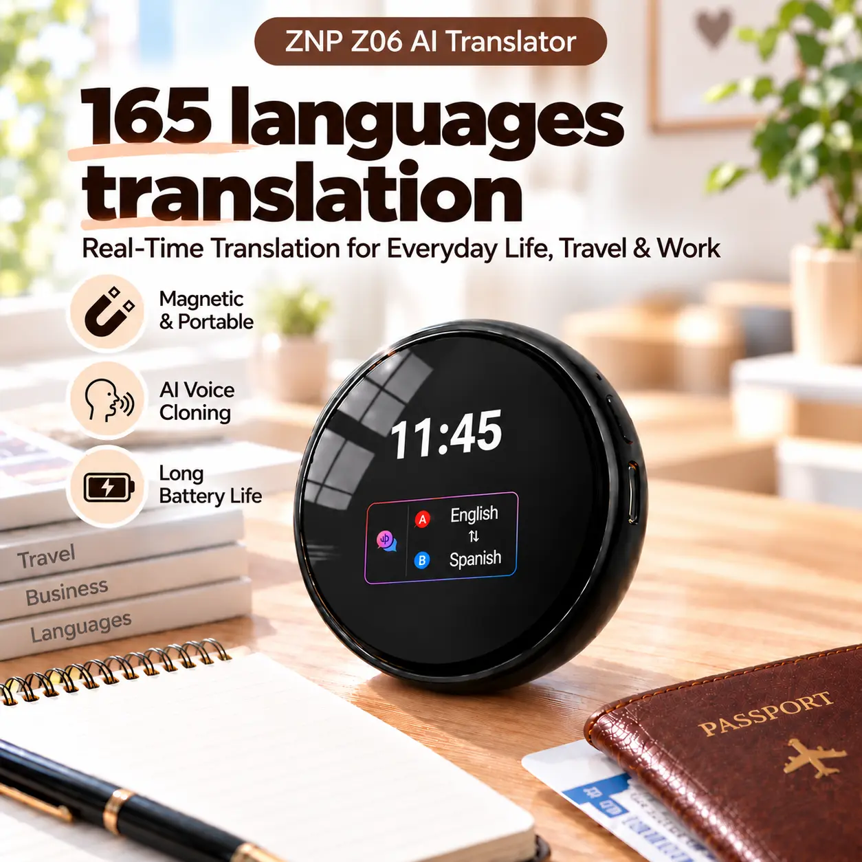 ZNP Z06 Intelligent Translator & Language Learning Device, 165 Languages Bidirectional Tool with AI Voice Clone, Magnetic Suction-Hanging Rope Dual Design, LED Screen, PVC Shell for Skill Boost