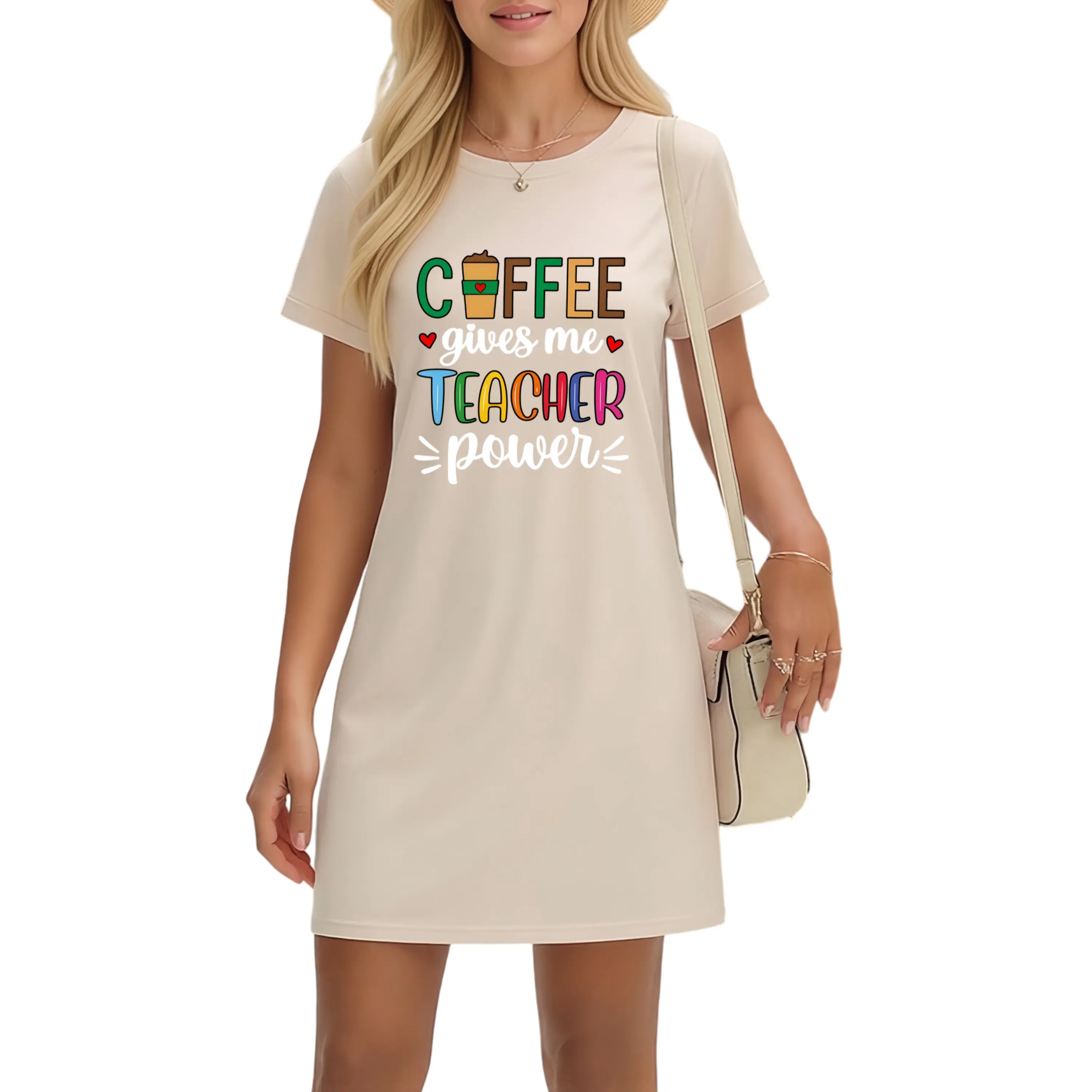 Casual Summer T-Shirt Dress for Teachers – Loose Fit with Stylish Coffee Print Sleeves Fabric Silk
