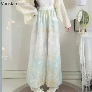 Vintage Sweet Lolita Bloomers Women Elegant Floral Print Loose Wide Leg Pants Female Casual Elastic Waist Trousers Ropa Mujer