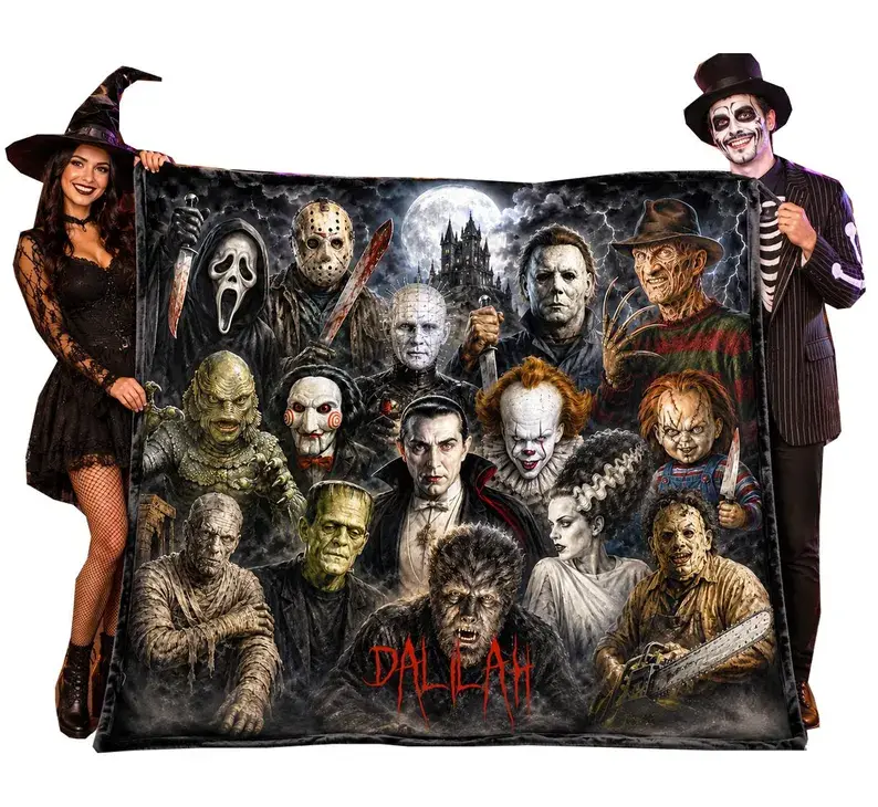 Optional Personalized Halloween Horror Movie Lovers Blanket | Classic Horror Film Genre Collage Throw Gift | Fall Season Tapestry Decor