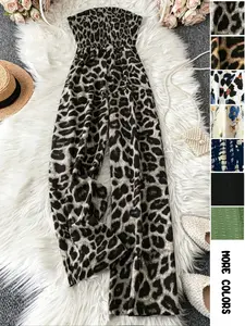 Women's Leopard Print Shirred Wide Leg Jumpsuit, Casual Sleeveless Tube Jumpsuit for Vacation Holiday, Ladies Clothes for All Seasons