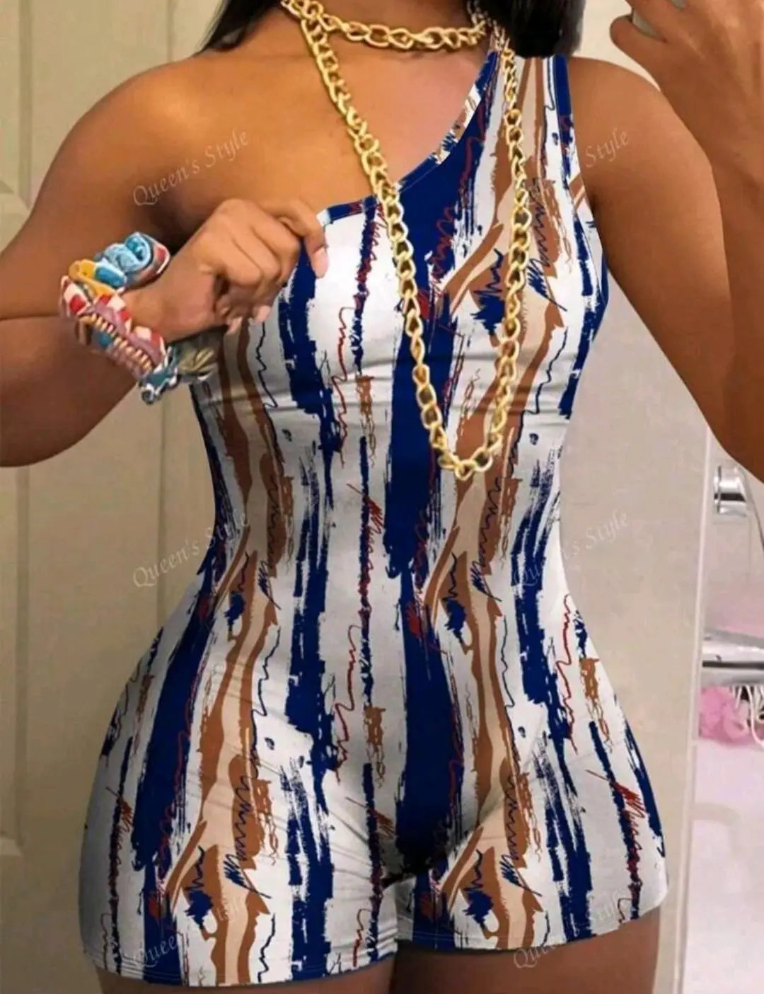 Q'z Beauty Fashion Tie-Dye Print Strapless Bodycon Jumpsuit Unitard Spring/Summer New Style Comfortable Piece Chic